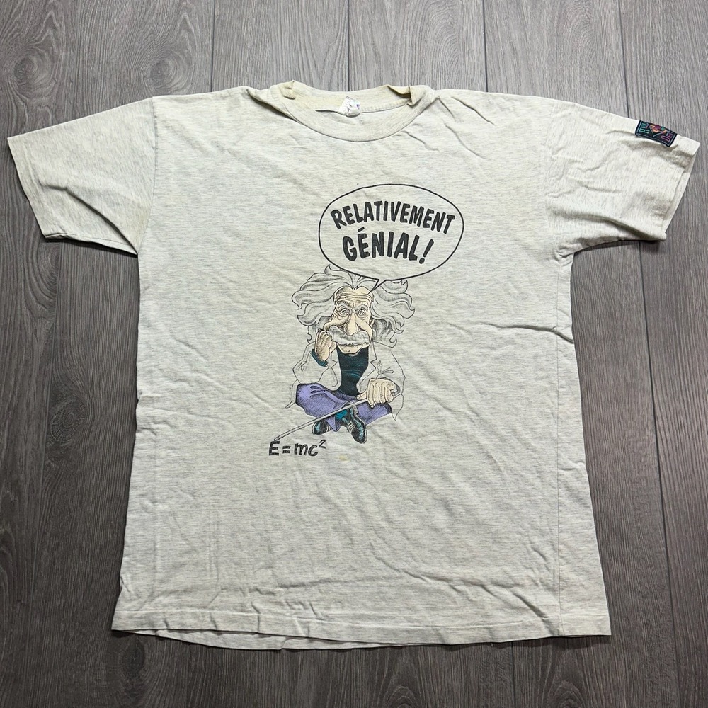 Vintage 90s Albert Einstein Relativement Genial Graphic T-Shirt Grey XL